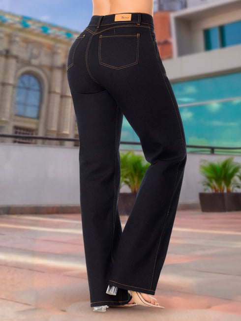 Jean Recto Bota Campana Pespunte Mostaza Negro Colombiano para Mujer – Ref. J60560