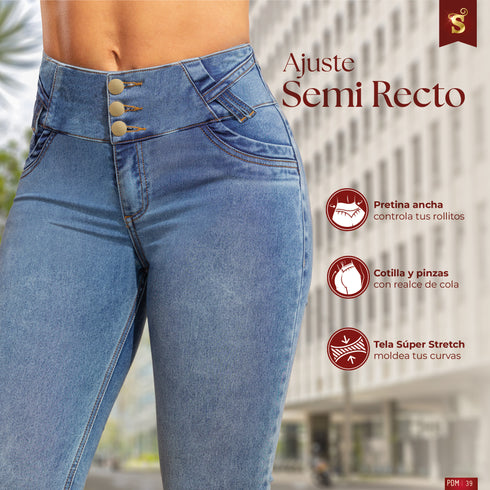 Jean Semi Recto Bolsillo Curvo Azul Medio Colombiano para Mujer – Ref. J60487