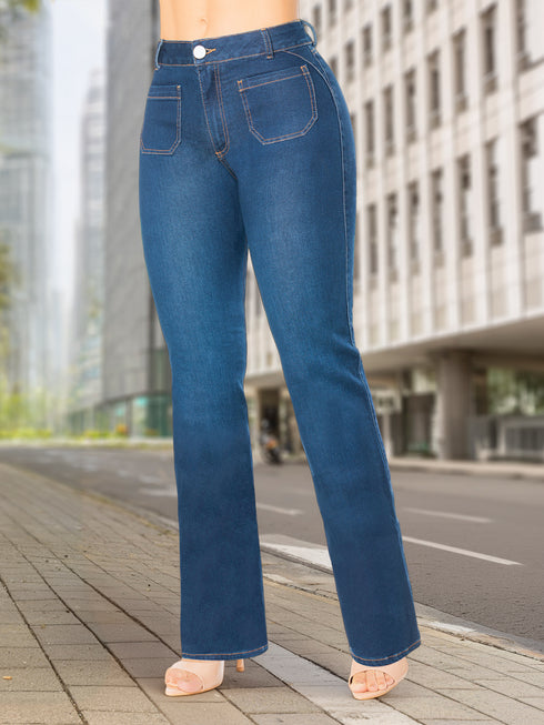 Jean Recto Bota Campana Bolsillo Cuadrado Azul Medio Colombiano para Mujer – Ref. J60406
