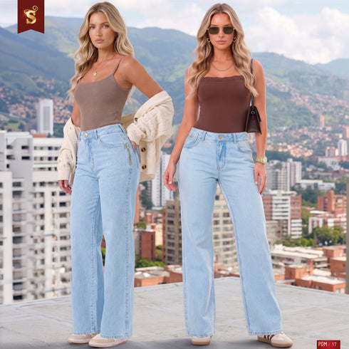Jean Wide Leg Bolsillo Cremallera Azul Claro Colombiano para Mujer – Ref. J69208