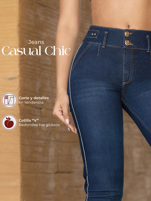 Jean Recto Casual Chic Azul Oscuro con Franja Lateral para Mujer – Ref. J60436