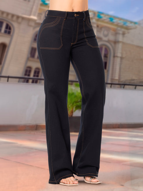Jean Recto Bota Campana Pespunte Mostaza Negro Colombiano para Mujer – Ref. J60560