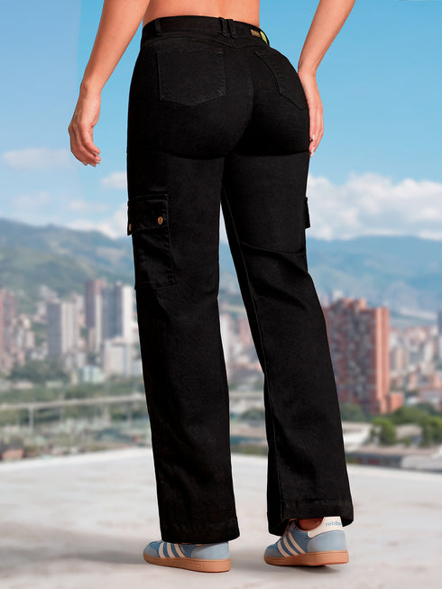 Jean Cargo Wide Leg Negro Colombiano para Mujer – Ref. J60429