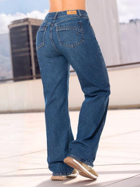 Jean Wide Leg Bolsillo Cremallera Azul Medio Colombiano para Mujer – Ref. J60535