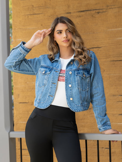 Chaqueta Denim Cropped Azul Medio para Mujer – Ref. CH69004