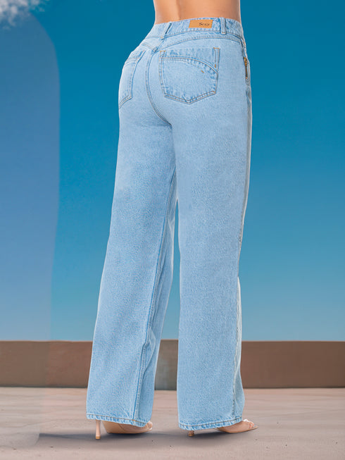 Jean Wide Leg Bolsillo Cremallera Azul Claro Colombiano para Mujer – Ref. J69208