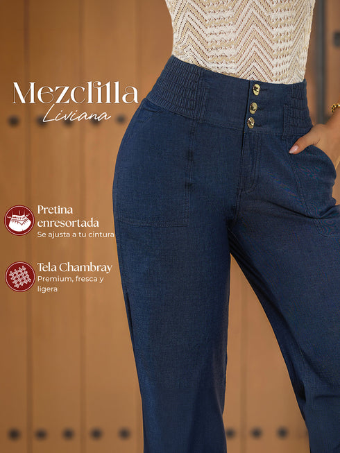 Jean Wide Leg Chambray Azul Oscuro con Pretina Elástica para Mujer – Ref. J69210