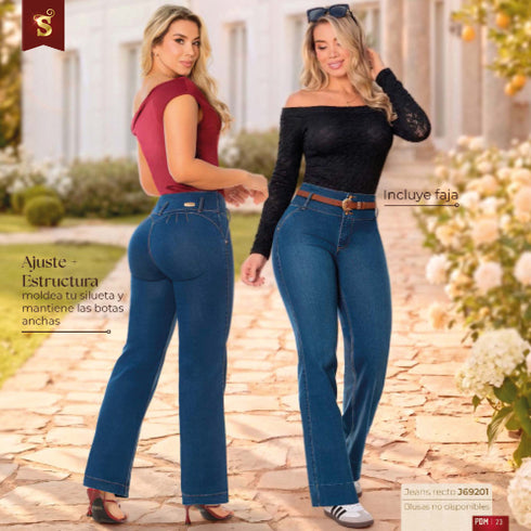 Jean Recto Moldeador Azul Medio con faja camel Colombiano para Mujer – Ref. J69201