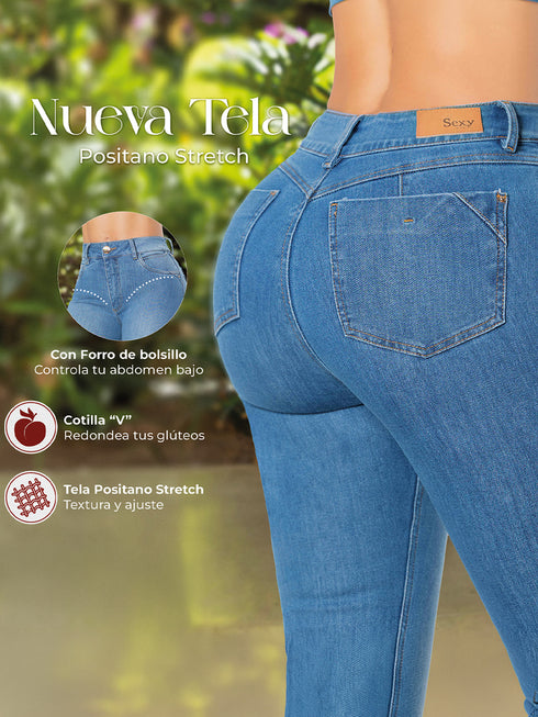 Jean Bota Campana Push Up Azul Claro con Control de Abdomen para Mujer – Ref. J60514