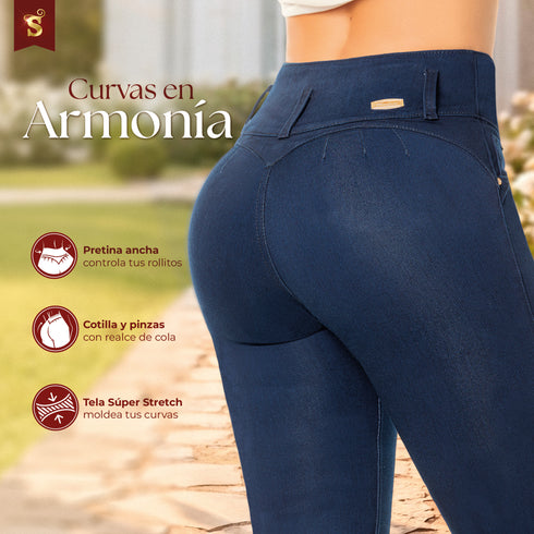 Jean Recto Bota Campana Pretina Alta Azul Oscuro Colombiano para Mujer – Ref. J69206