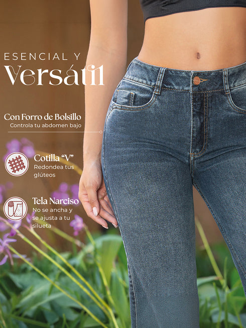 Jean Recto Azul Medio con Control de Abdomen para Mujer – Ref. J69230