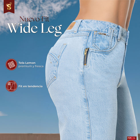 Jean Wide Leg Bolsillo Cremallera Azul Claro Colombiano para Mujer – Ref. J69208