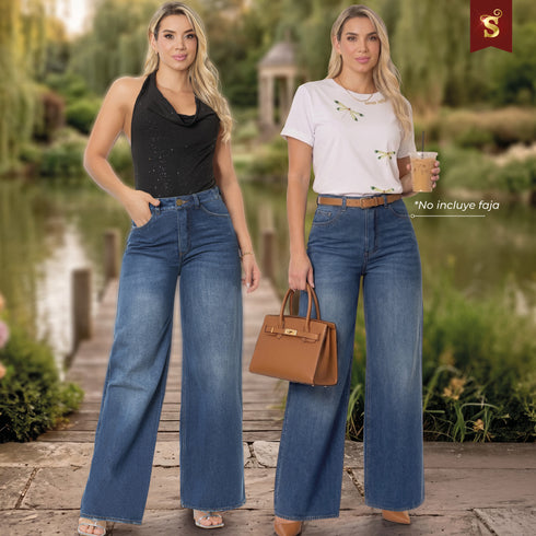 Jean Wide Leg Champagne Azul Medio Colombiano para Mujer – Ref. J60575