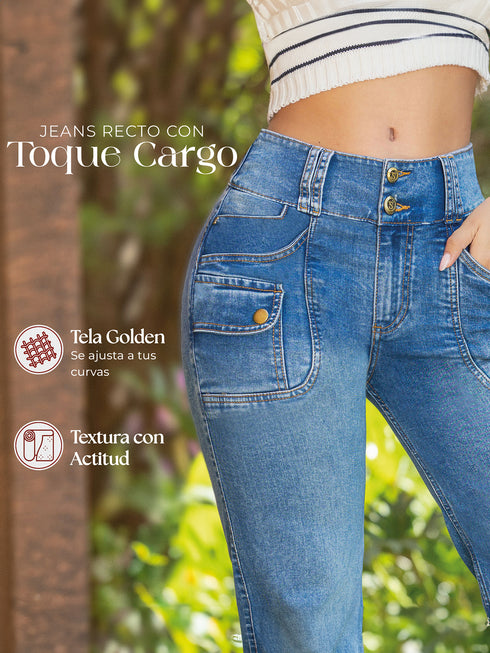 Jean Recto Cargo Push Up Azul Medio para Mujer – Ref. J60531
